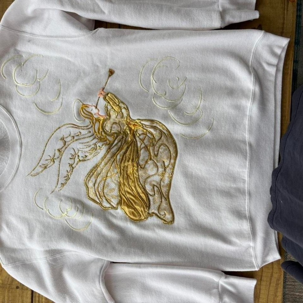 Vintage Karla Marie Angel Sweatshirt White Gold Metallic Embroidered OSFA Large